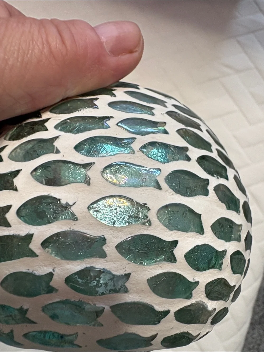 Handmade White and Teal Fish Mosaic Decorative Bowl